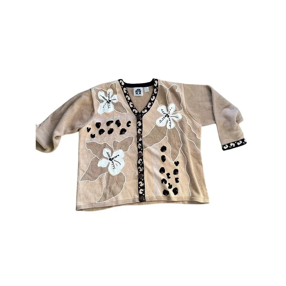 Storybook Knits Women Tan Button Down Christmas Floral Cardigan Plus Size 3X